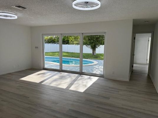 Empty room, Interior, Pendant Lights, Wood Texture Flooring