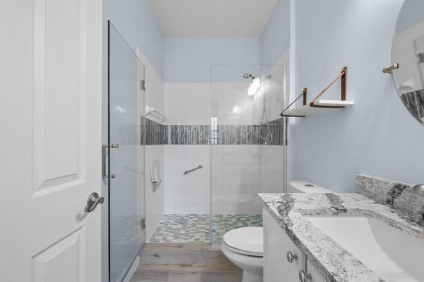 Bathroom, Glass Shower, Interior, Wood Texture Flooring