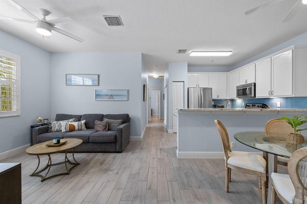 Dining room, Interior, Kitchen, Living room, Stainless Steel Appliances, Wood Texture Flooring