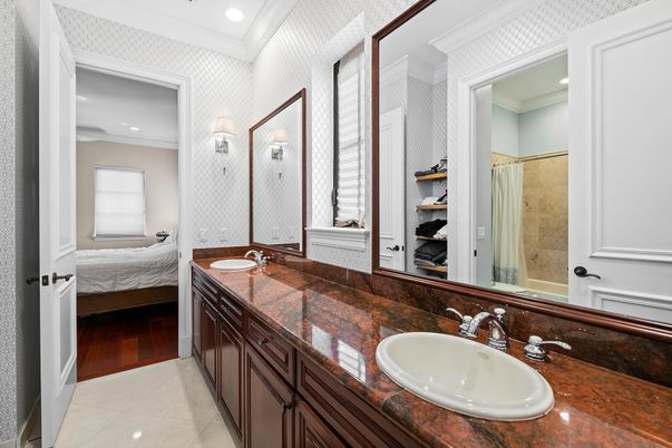 Bathroom, Bedroom, Dual Sink Vanities, Interior, Recessed Lighting, Wood Texture Flooring