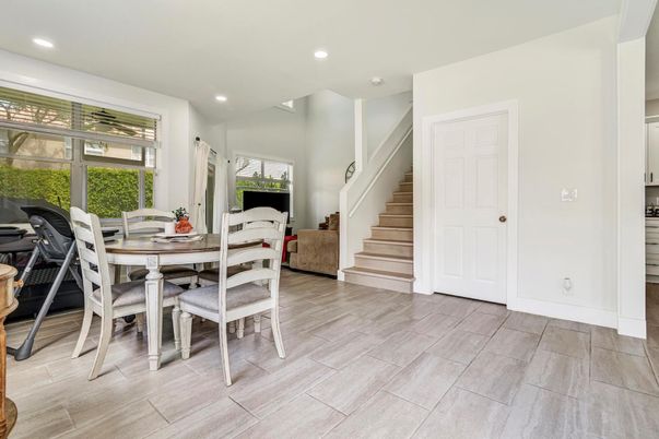 Dining room, Interior, Recessed Lighting, Wood Texture Flooring