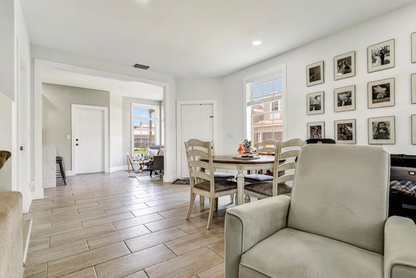 Dining room, Interior, Recessed Lighting, Wood Texture Flooring
