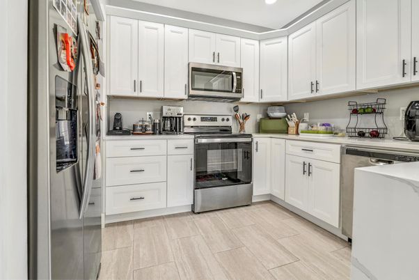 Interior, Kitchen, Recessed Lighting, Stainless Steel Appliances, Wood Texture Flooring
