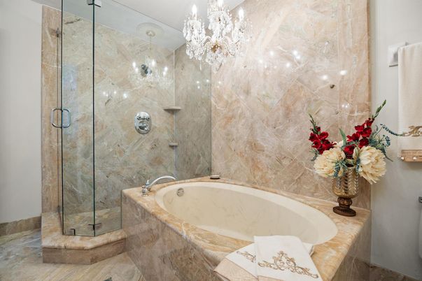 Bathroom, Chandelier, Glass Shower, Interior