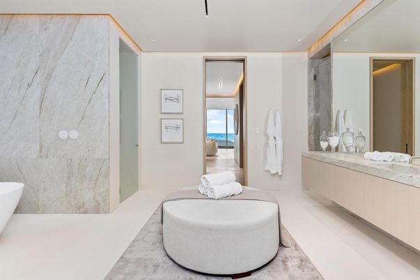 Bathroom, Free Standing Baths, Interior, Marble Walls, Recessed Lighting, Water