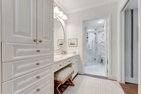 Bathroom, Glass Shower, Interior, Marble, Marble Walls, Recessed Lighting, Wood Texture Flooring