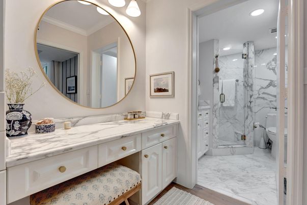Bathroom, Glass Shower, Interior, Marble, Marble Walls, Recessed Lighting