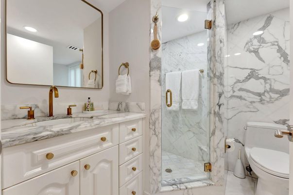 Bathroom, Glass Shower, Interior, Marble, Marble Walls, Recessed Lighting
