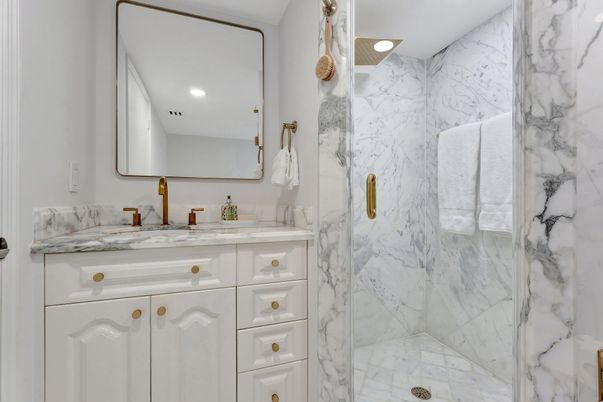 Bathroom, Glass Shower, Interior, Marble, Marble Walls, Recessed Lighting