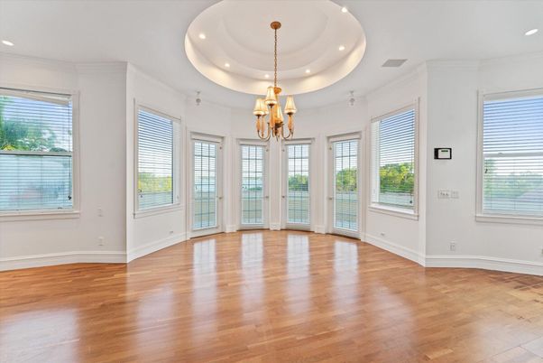 Chandelier, Empty room, Interior, Recessed Lighting, Wood Texture Flooring