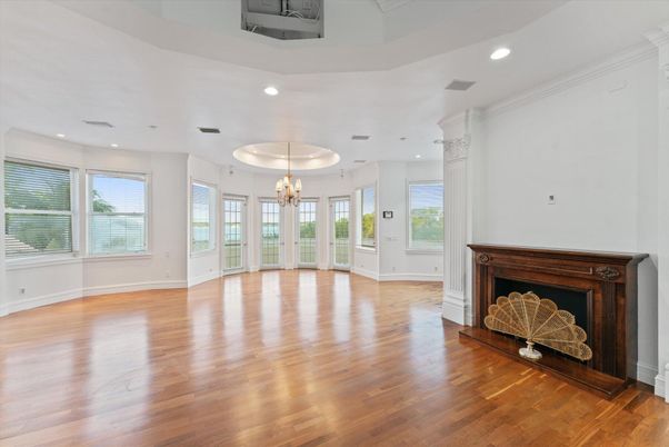 Chandelier, Empty room, Interior, Recessed Lighting, Wood Texture Flooring