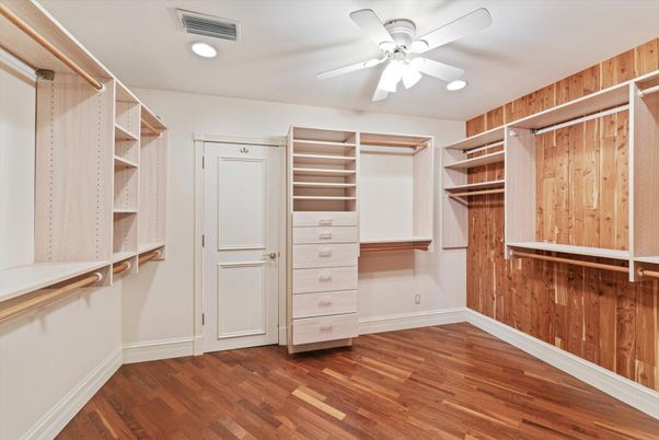 Interior, Recessed Lighting, Walk-in Closets, Wood Texture Flooring, Wooden Walls
