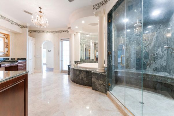 Bathroom, Chandelier, Glass Shower, Interior, Recessed Lighting