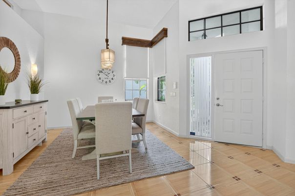 Dining room, Interior, Pendant Lights, Wood Texture Flooring
