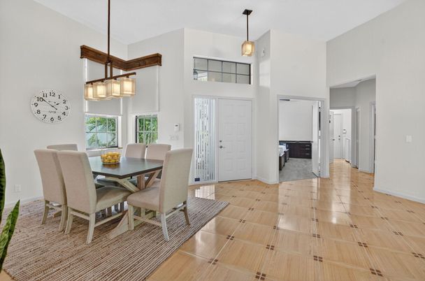 Dining room, Interior, Pendant Lights, Wood Texture Flooring