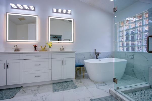 Bathroom, Dual Sink Vanities, Free Standing Baths, Glass Shower, Interior, Marble, Marble Walls