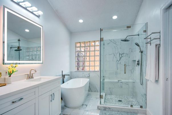 Bathroom, Dual Sink Vanities, Free Standing Baths, Glass Shower, Interior, Marble, Marble Walls, Recessed Lighting