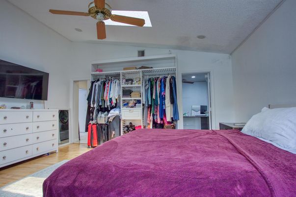 Bedroom, Interior, Recessed Lighting, Walk-in Closets, Wood Texture Flooring