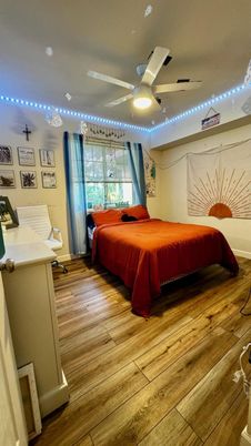 Bedroom, Interior, Recessed Lighting, Wood Texture Flooring