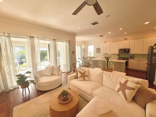 Dining room, Interior, Kitchen, Living room, Recessed Lighting, Stainless Steel Appliances, Wood Texture Flooring