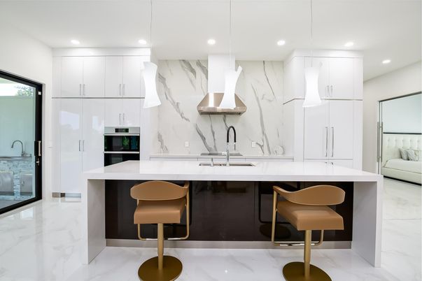 Interior, Kitchen, Marble, Marble Walls, Pendant Lights, Recessed Lighting