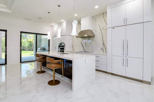 Interior, Kitchen, Marble, Marble Walls, Pendant Lights, Recessed Lighting