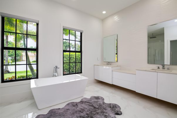 Bathroom, Dual Sink Vanities, Free Standing Baths, Interior, Marble, Recessed Lighting