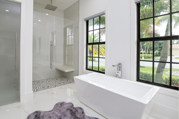 Bathroom, Free Standing Baths, Glass Shower, Interior, Recessed Lighting