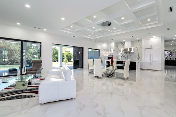 Dining room, Interior, Kitchen, Living room, Marble, Pendant Lights, Recessed Lighting