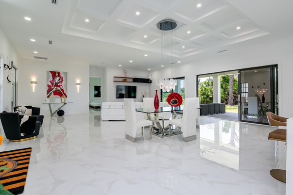 Dining room, Interior, Marble, Pendant Lights, Recessed Lighting