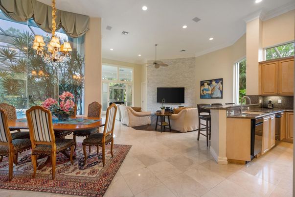 Dining room, Interior, Kitchen, Living room, Recessed Lighting, Stone Walls