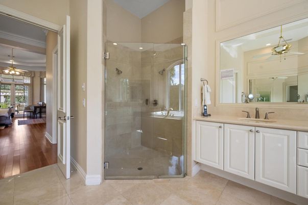 Bathroom, Glass Shower, Interior, Pendant Lights, Recessed Lighting, Wood Texture Flooring
