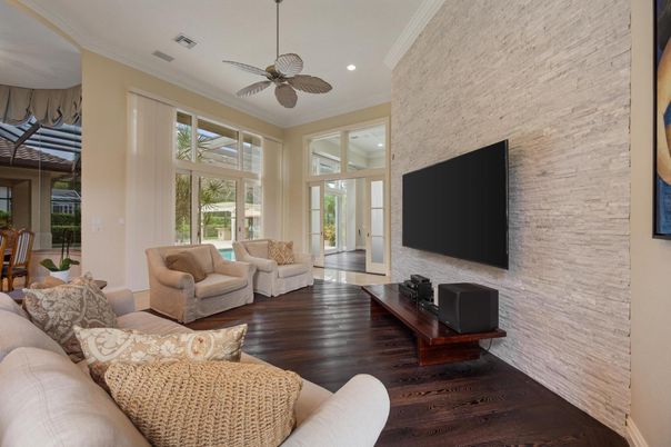 Interior, Living room, Recessed Lighting, Stone Walls, Wood Texture Flooring