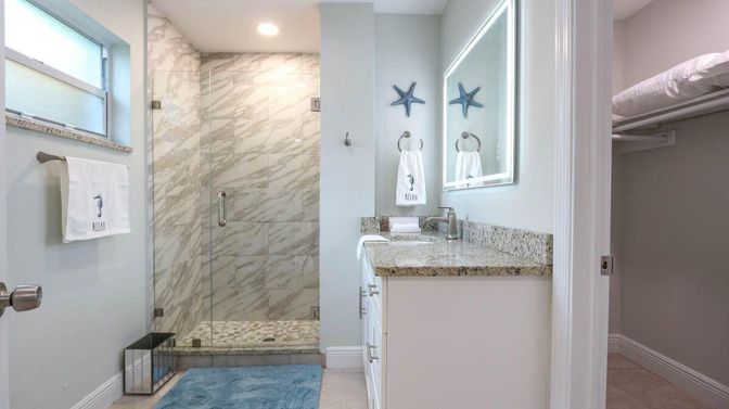 Bathroom, Glass Shower, Interior, Marble Walls, Recessed Lighting