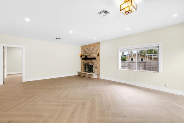 Empty room, Fireplace, Interior, Recessed Lighting, Wood Texture Flooring