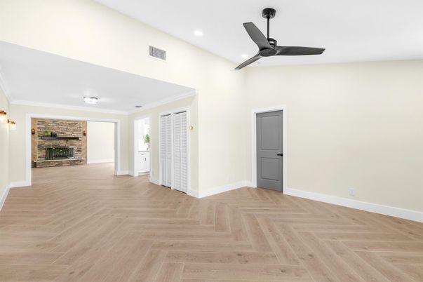 Empty room, Fireplace, Interior, Recessed Lighting, Wood Texture Flooring