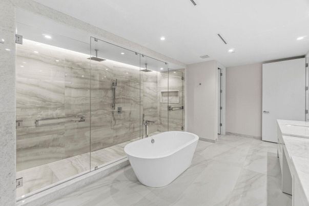 Bathroom, Free Standing Baths, Glass Shower, Interior, Marble, Marble Walls, Recessed Lighting