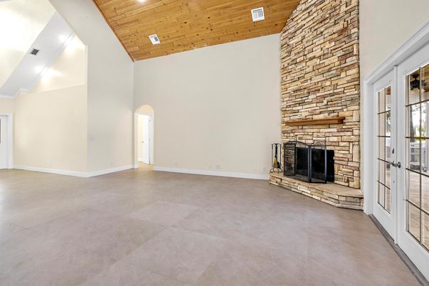 Empty room, Fireplace, Interior, Recessed Lighting, Wooden Ceilings