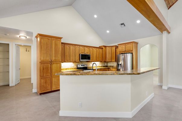 Interior, Kitchen, Recessed Lighting, Stainless Steel Appliances, Wooden Beams
