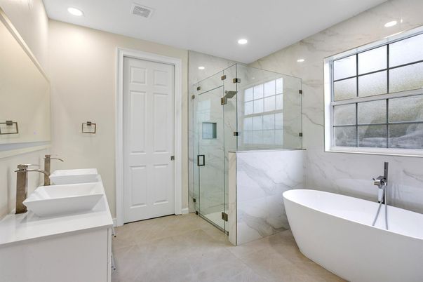 Bathroom, Free Standing Baths, Glass Shower, Interior, Marble Walls, Recessed Lighting