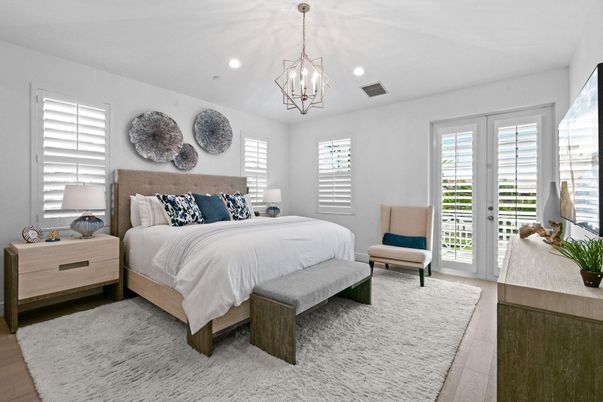 Bedroom, Interior, Pendant Lights, Recessed Lighting, Wood Texture Flooring