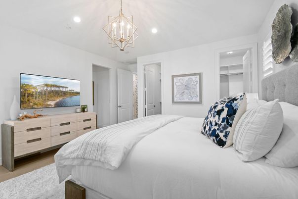 Bedroom, Interior, Pendant Lights, Recessed Lighting, Wood Texture Flooring