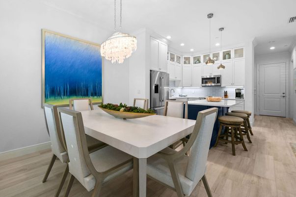 Chandelier, Dining room, Interior, Kitchen, Pendant Lights, Recessed Lighting, Stainless Steel Appliances, Wood Texture Flooring