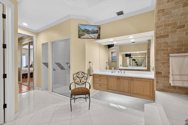 Bathroom, Glass Shower, Interior, Recessed Lighting, Stone Walls