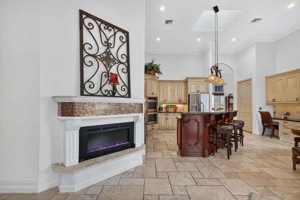 Dining room, Fireplace, Interior, Kitchen, Pendant Lights, Recessed Lighting