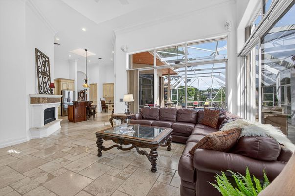 Fireplace, Interior, Living room, Pendant Lights, Recessed Lighting, Sun Room