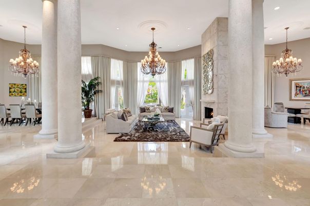 Chandelier, Dining room, Fireplace, Interior, Living room, Recessed Lighting