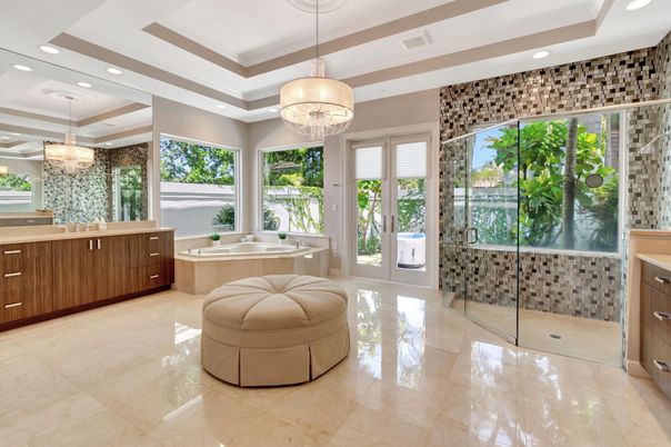 Bathroom, Chandelier, Glass Shower, Interior, Pendant Lights, Recessed Lighting