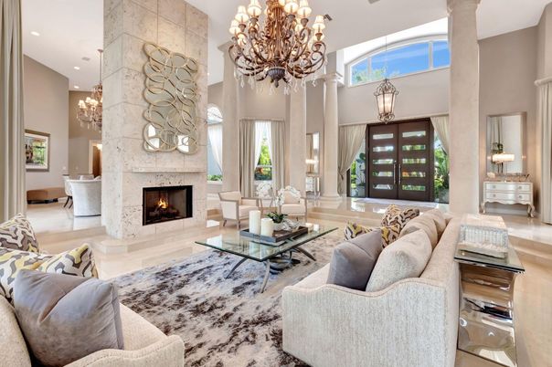 Chandelier, Fireplace, Interior, Living room, Pendant Lights, Recessed Lighting, Stone Walls