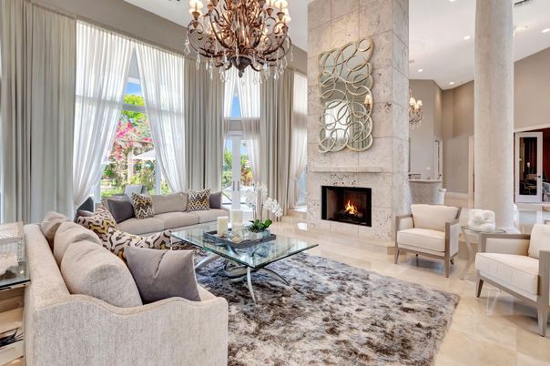 Chandelier, Fireplace, Interior, Living room, Recessed Lighting